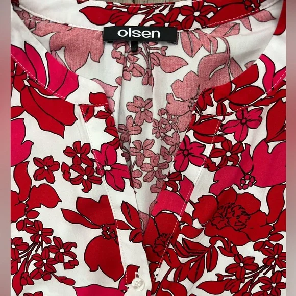OLSEN Red Floral Blouse Peplum Button Front 3/4 Sleeve Lightweight Top Large - Picture 4 of 9